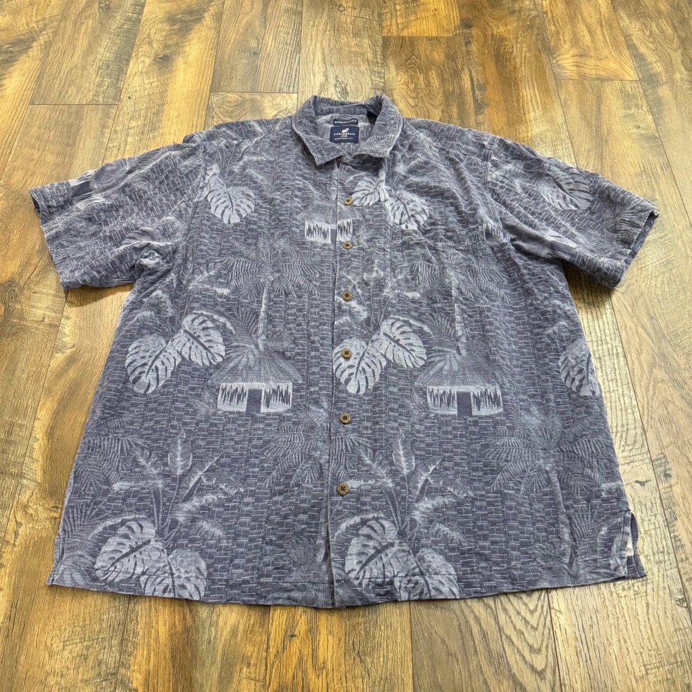 Caribbean Joe Mens XXL‎ Blue Washable Silk Tropical Palm Hawaiian Camp Shirt